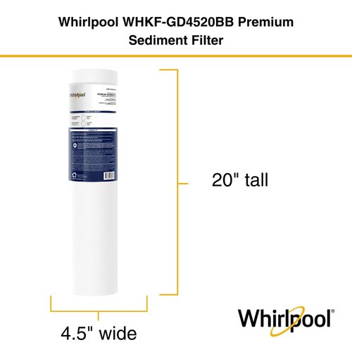 Whirlpool 20" x 4.5" Large Whole House Sediment Filter WHKF-GD4520BB, NSF Certified 25 Micron Filtration, 6-Month Life, Replacement Cartridge Fits Most 20-Inch Home Water Filter Housings