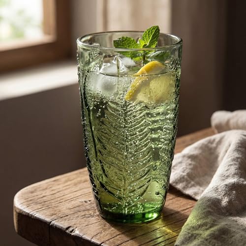 Green Glass Drinking Set of 4 16 oz Vintage Fern Glassware - Dishwasher Safe