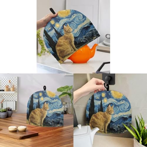 Starry Night Cat Art Tea Cozy - Insulated Teapot Cover for Hot Tea