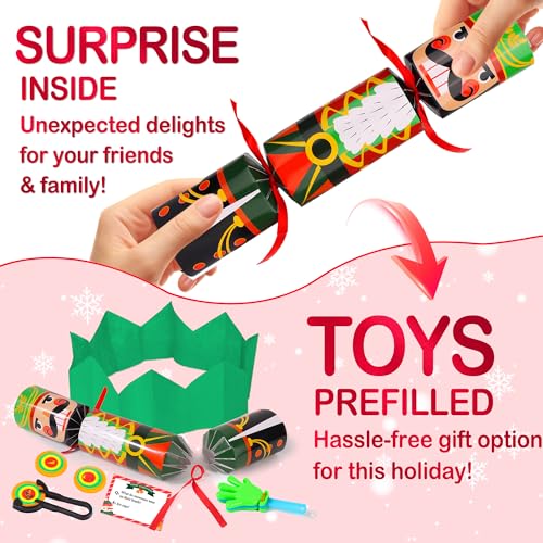 Envotek 12 Pack Christmas Cartoon No-Snap Party Favors with Hats & Gifts - Holiday Table Decorations