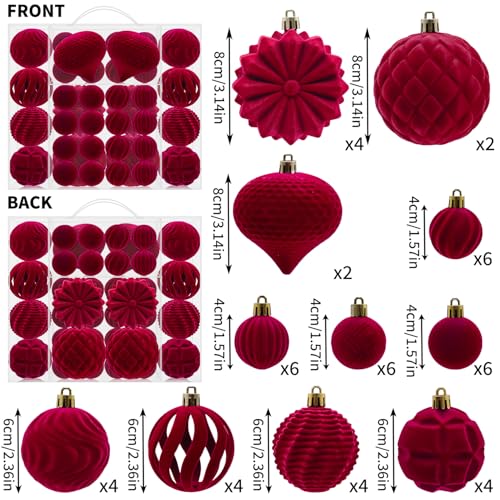 Yumatouch Velvet Burgundy 48Pcs Christmas Ball Ornaments - Flocked, Shatterproof Assorted 1.57/2.36/3.15Inch with Buckle & Rope