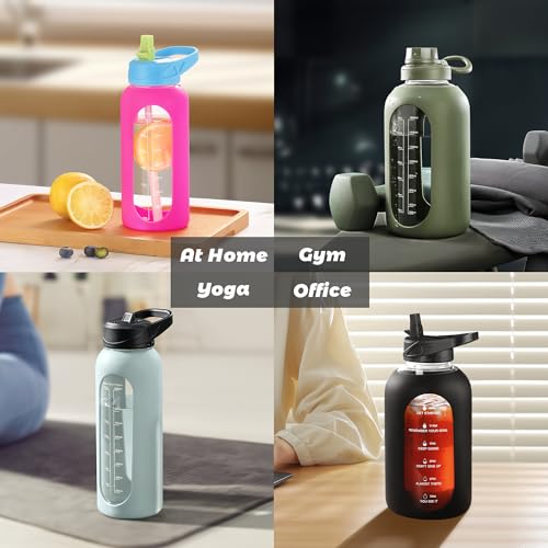 64 oz Glass Water Bottle with Time Marker & Silicone Sleeve