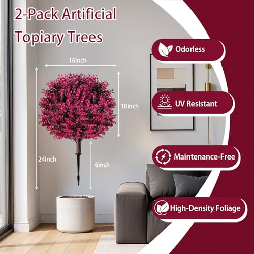 Set of 2 Artificial Eucalyptus Topiary Ball Trees, 18-inch UV Resistant