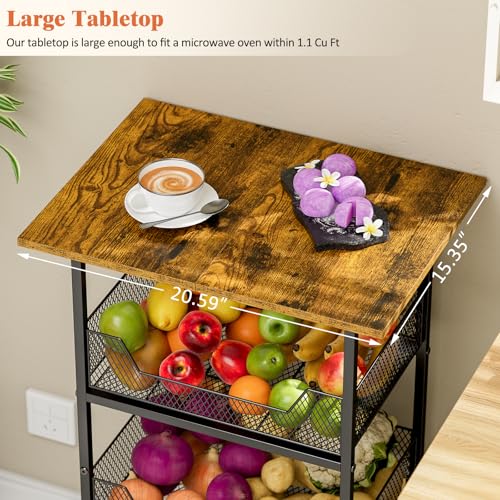 Rolling Microwave Cart with 3-Tier Storage Baskets and Shelving
