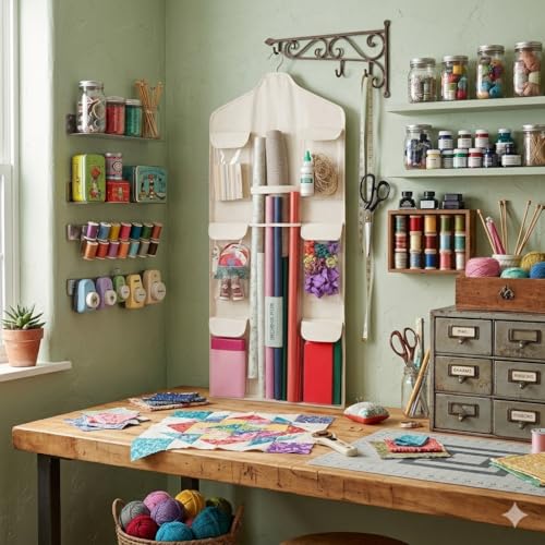 Double-Sided Wrapping Paper Organizer with Wooden Hanger and Pockets
