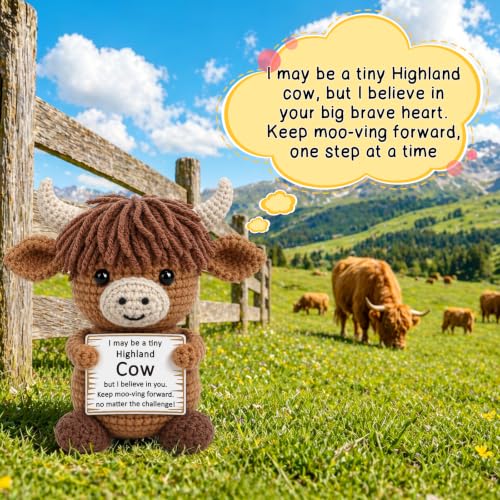 Crochet Highland Cow Encouragement Gift with Positive Message Card