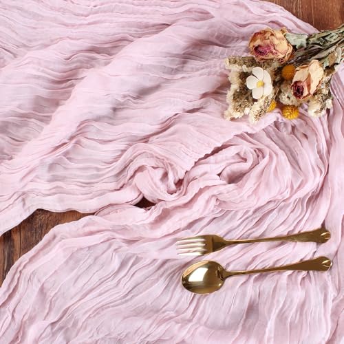 SAJOO Pink Cheesecloth Table Runner 13.3FT Rustic Sheer Gauze for Wedding Party Home Decor