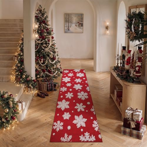 HUGEAR 2' x 8' Red Snowflake Christmas Runner Rug - Holiday Indoor Decor