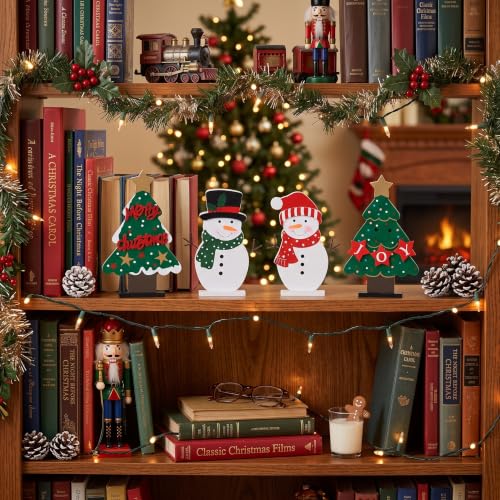 DECSPAS Wooden Christmas Trees & Snowmen Set - Indoor Holiday Decor, 4 pcs, Christmas Table Centerpiece