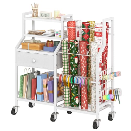 Rolling Gift Wrapping Paper Storage Cart with Drawer and Shelves