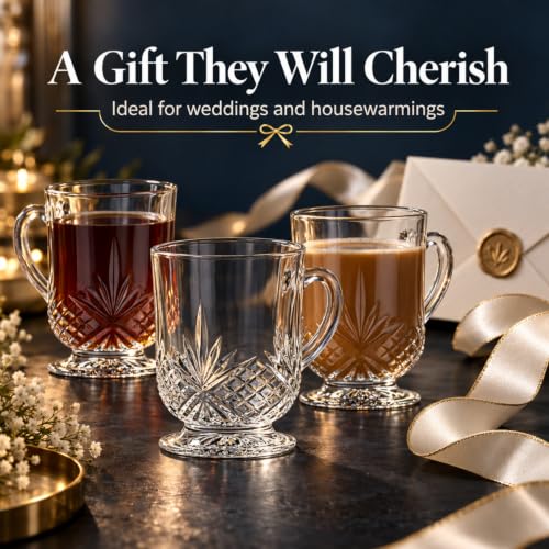 Godinger 10oz Crystal Coffee Mug Set of 4 - Clear Glass Tea Cups Dublin
