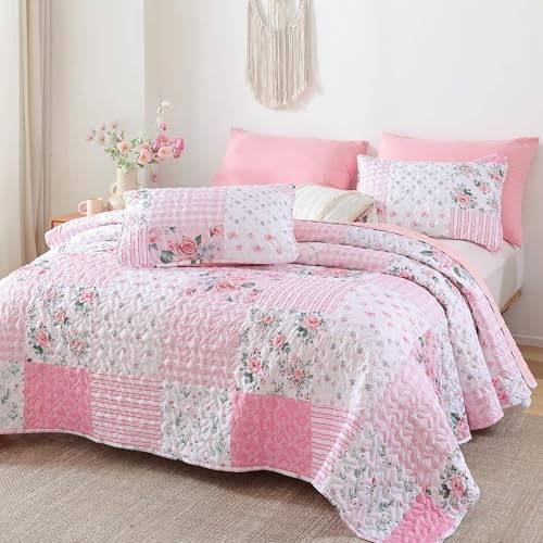 YIKUSH Pink Floral Quilt Set Queen Size - 3 Piece Lightweight Bedspread
