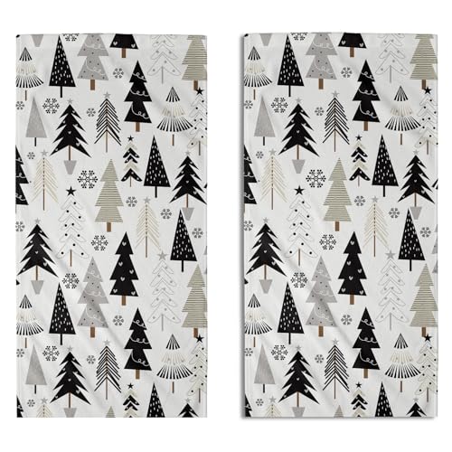 Aytipun Christmas Hand Towels Set of 2 Black Grey Xmas Tree Snowflake Print Winter Holiday Bathroom Decor