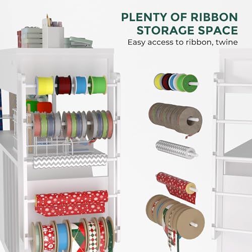 Wrapping Paper Storage Cart with Wooden Drawers and Ribbon Holder White