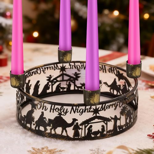 Metal Nativity Scene Advent Wreath Candle Holder - Christmas Centerpiece