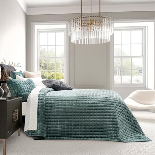 Luxury Channel Box Stitch Velvet Quilt Set, Full Queen, Aqua Green