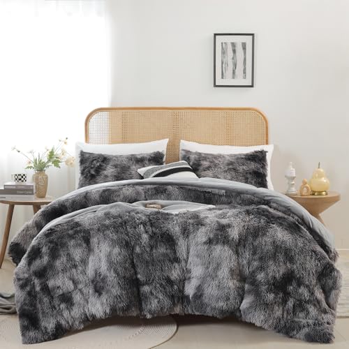Fluffy Faux Fur King Comforter Set - 3-Piece Plush Tie-Dye Grey Bedding Set