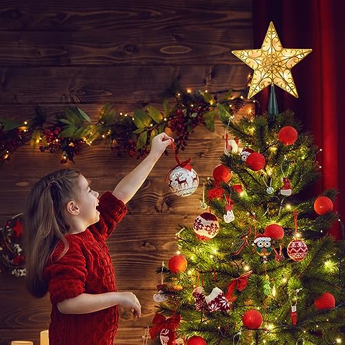Lighted Christmas Star Tree Topper - 9.5" Gold Glitter 3D Metal Star