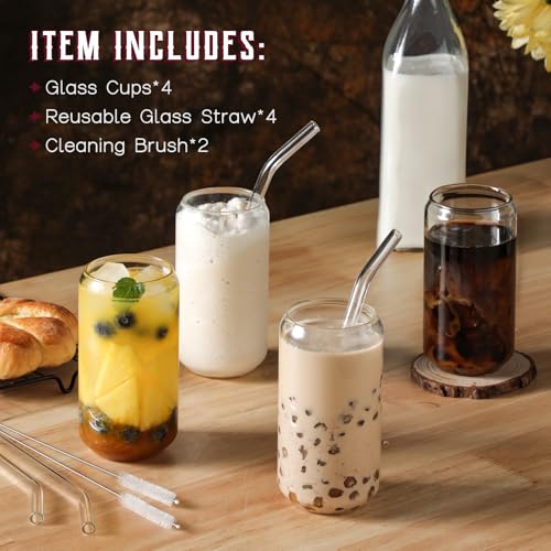 16oz Can-Shaped Drinking Glasses with Glass Straws, 4-Piece Set