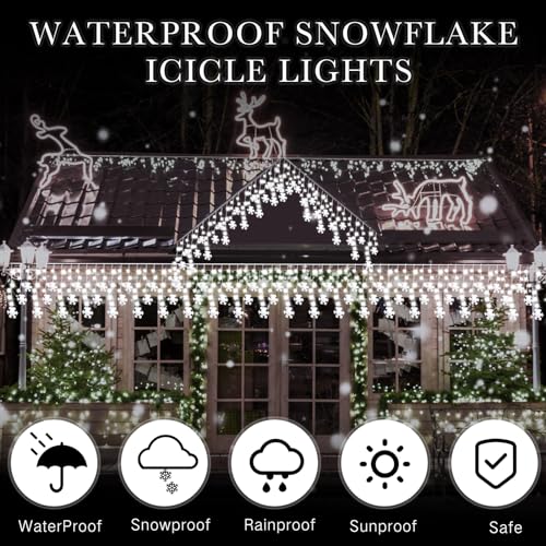 Aurelema White Christmas Snowflake Icicle Lights 33ft Outdoor Indoor with Remote