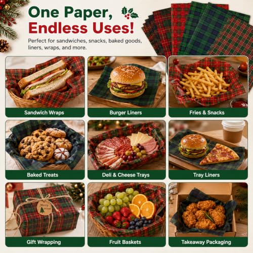 Tartan Plaid Christmas Wax Paper Sheets 150 Pack Food Wrap Greaseproof