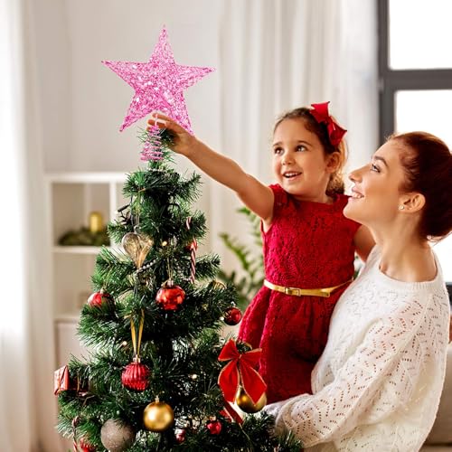 URATOT 8-Inch Pink Glittered Metal Christmas Tree Topper Star - Festive Treetop Decoration