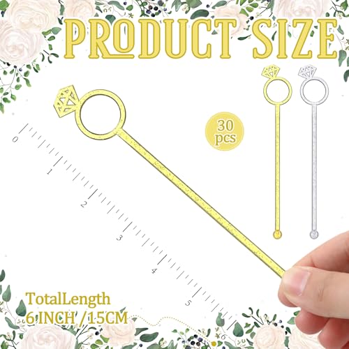 SiliFine 30 Pcs Diamond Ring Drink Stirrers - Golden & Silver Wedding Cocktail Picks