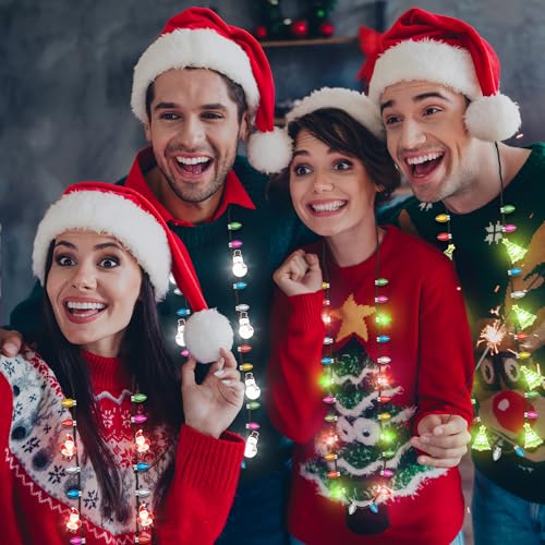 12PCS LED Light Up Christmas Necklace Set - 4 Modes, 26 Bulbs, Tree/Santa/Candy Cane Design (EOBOH)