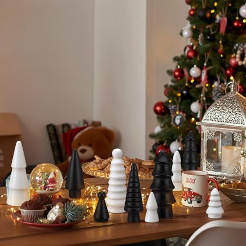 Roowest 10 Pcs Mini Wooden Christmas Trees Black & White Holiday Decor