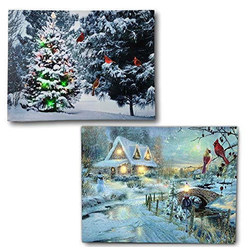 Lighted 2-Piece Christmas Wall Art Set – LED Cottage Village Prints, Snowman & Cardinals