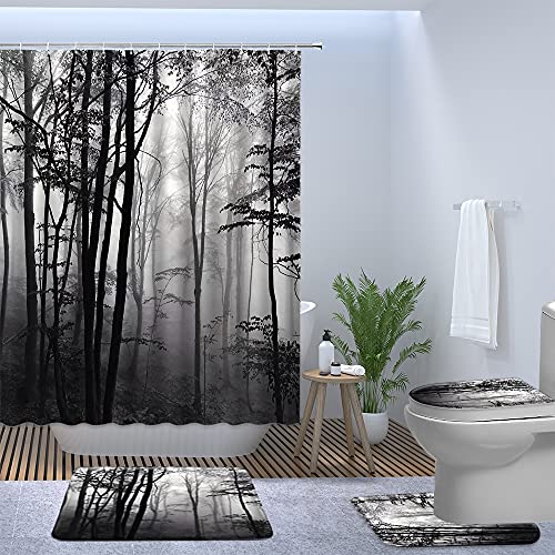 Dark Foggy Forest 4-Piece Shower Curtain Set with Rugs & Toilet Cover