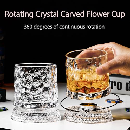 GOWARM Pattern 2 360° Rotating Whiskey Glass Set with Ice Ball Mold, Clear Bourbon & Scotch Glassware for Men, Gift Idea