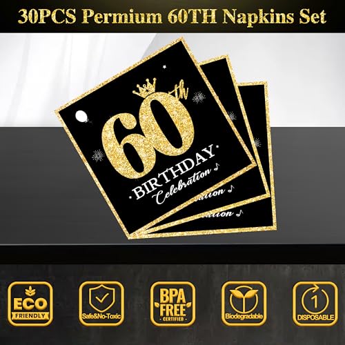 60th Birthday Party Plates and Napkins Set - Vintage Black and Gold, 60 Pc