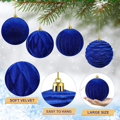 Liliful 12 Pcs Velvet Christmas Ball Ornaments, 4 Inch Blue - Shatterproof, Flocked Velvet Texture