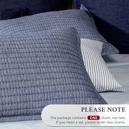 Cotton Chambray Standard Pillow Sham - Blue Channel Stitched Cover