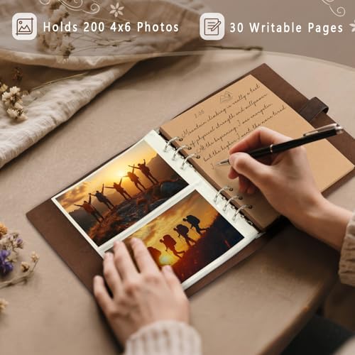 Leather 4x6 Photo Album, 200 Photo Capacity, 6-Ring Binder with Kraft Paper
