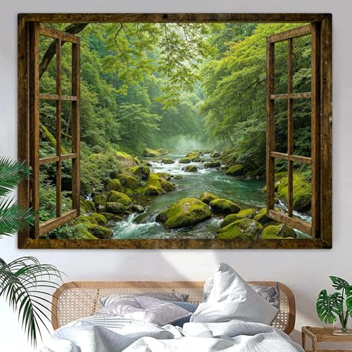 Green Forest Window Tapestry - Nature Stream Landscape Wall Hanging Decor