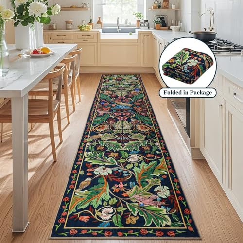 2x10 Botanical Runner Rug, Non-Slip Washable Boho Floral Hallway Carpet