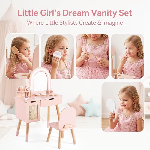 Kids Vanity Set with Lighted Mirror, Pink Toddler Makeup Table and Chair