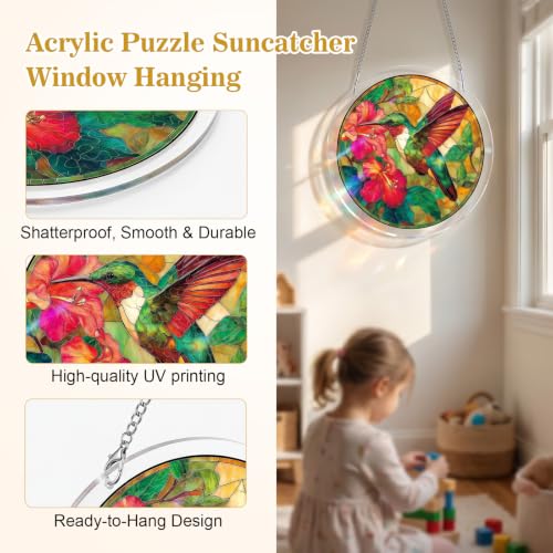 Hummingbird Acrylic Jigsaw Puzzle Suncatcher, 8.1-inch Stained Glass Decor