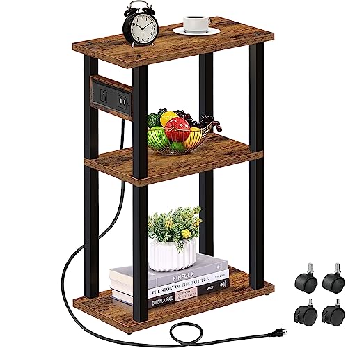 Narrow Side Table with Charging Station, 3-Tier Slim End Table with USB