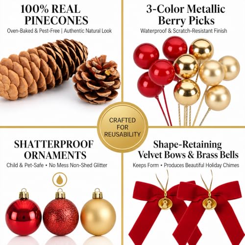 148-Piece Christmas Wreath Decorating Kit with Pine Cones Berries Snowflakes & Bows