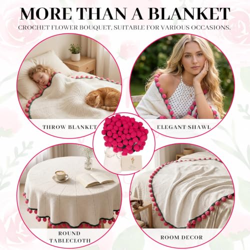 Red Rose Crochet Flower Bouquet Blanket 31 Inch Romantic Gift for Women