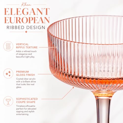 Khen Pink Peach Acrylic Ribbed Coupe Martini Glasses Set of 4, 8 oz Shatterproof European Style Drinkware