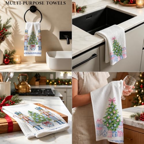 2 Pcs Blue Nutcrackers Christmas Kitchen Towels, 14x24in Premium Waffle-Weave