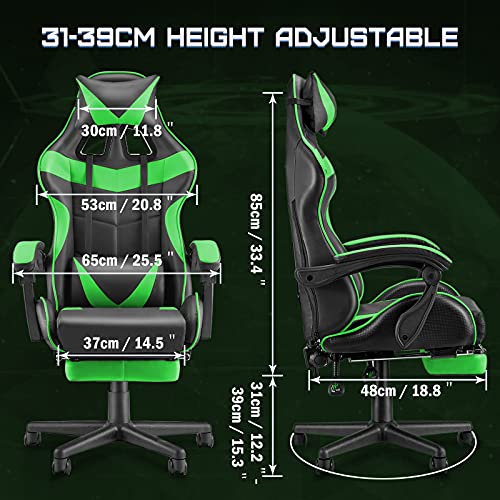 Ergonomic Gaming Chair with Footrest, Lumbar Support & Recliner, Green