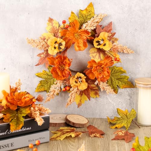 4-Piece Mini Fall Floral Candle Rings with Berries for Autumn Table Decor