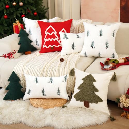 Christmas Pillow Covers 18x18 Set of 2 Christmas Tree Pillow Covers with Embroidered Soft Plush Faux Fur Farmhouse Decorations for Winter Holiday Home Bedroom Sofa Cushion Cases