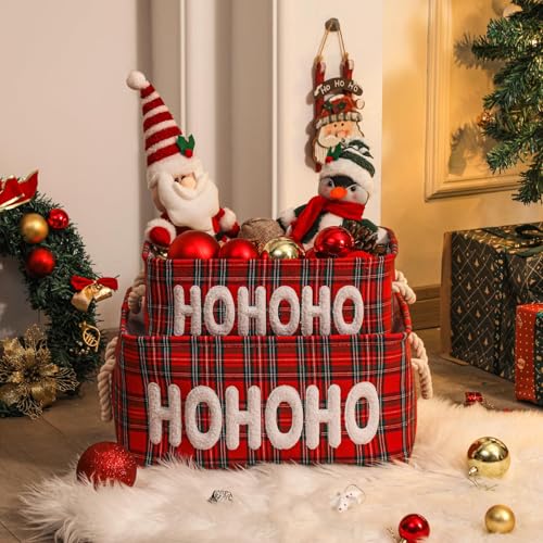 Tidelit HOHOHO Small Christmas Gift Basket with Embroidered Lamb Fleece, Farmhouse Style, Foldable Storage Bin