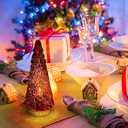 Red Mercury Glass Christmas Tree Set of 2 - 10 Inch Tabletop Xmas Decor with Lights - Battery Operated